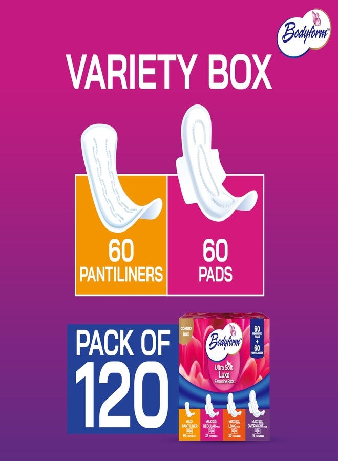 Bodyform Luxe Feminine Care Value Combo Pack, 120 Count (60 Ultra-Soft Pads + 60 Gentle Pantyliners), Variety Pack, Cushion-Soft & Ultra-Absorbent, Daily Freshness & Protection - Image 4
